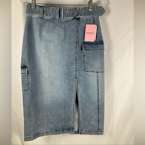 NWT Juicy Couture Size 29  Med Wash Denim Midi Cargo/Nomad‎ Skirt W/ Belt